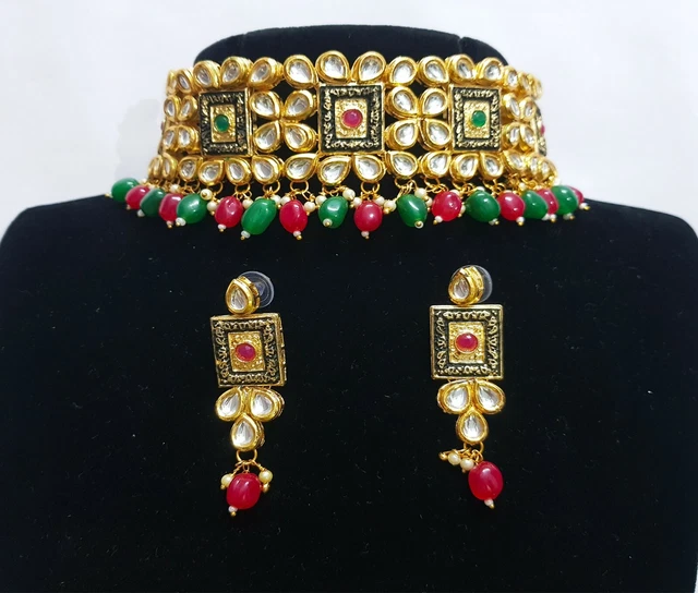 Collier Kundan Indien Avec Perles Vertes - Plaqué Or - Pour Mariée Ou Fête - Neuf Sans Emballage