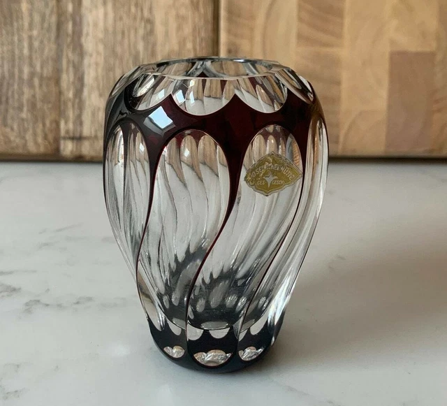 Josephinenhuette Crystal Glass Vase Clear, Ruby Red With Original Sticker 1954