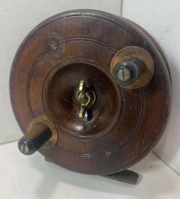 Antique Fly Fishing Reel Brass & Wood Heaton's Patent Reuben