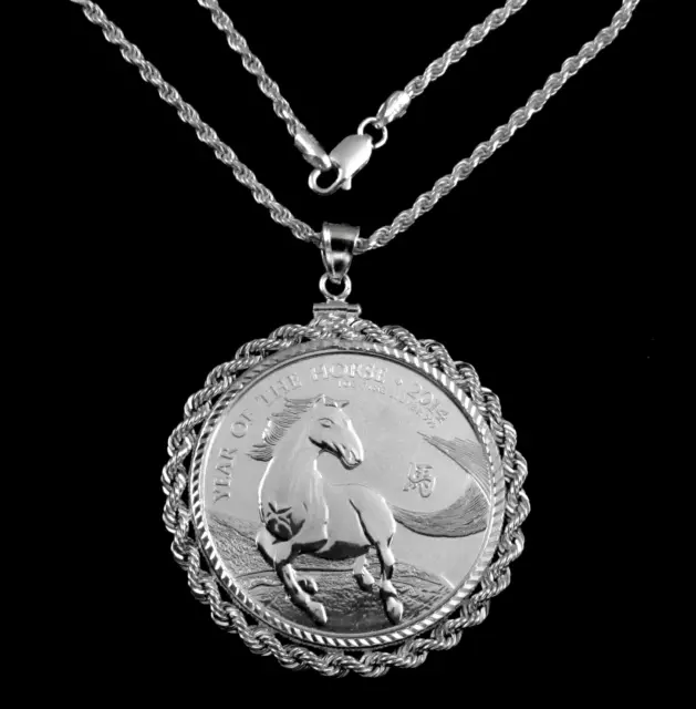 Coin Gift Set 1 oz. Silver Year of the Horse Round Diamond Cut Silver Rope Bezel