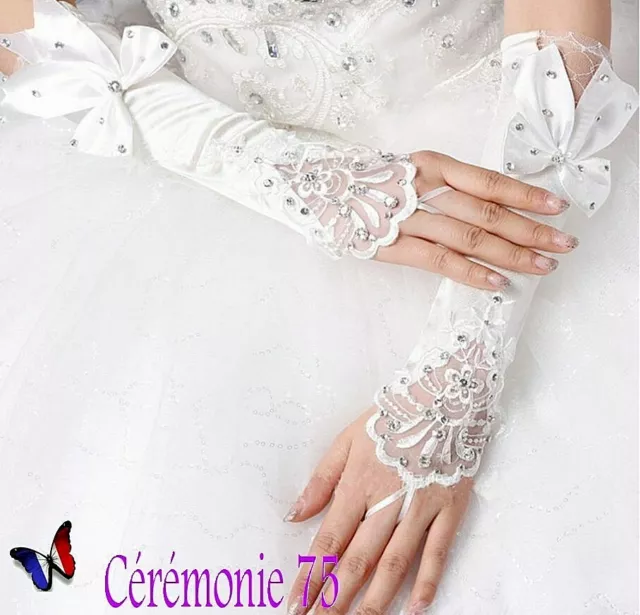 MAGNIFIQUES mitaines / gants mariée mariage Dentelle BLANC et Strass