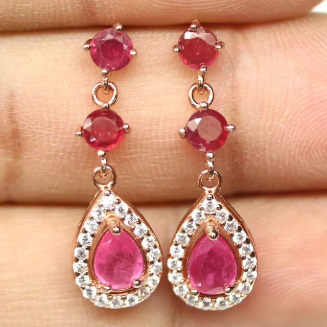 Chauffé Rouge Rose Rubis & Zircone Boucles D'Oreilles 925 Argent