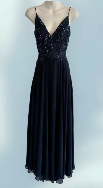 Navy Blue Jeweled Lace Formal Gown SZ 8 Prom Spaghetti Strap Low Cut V-Neck