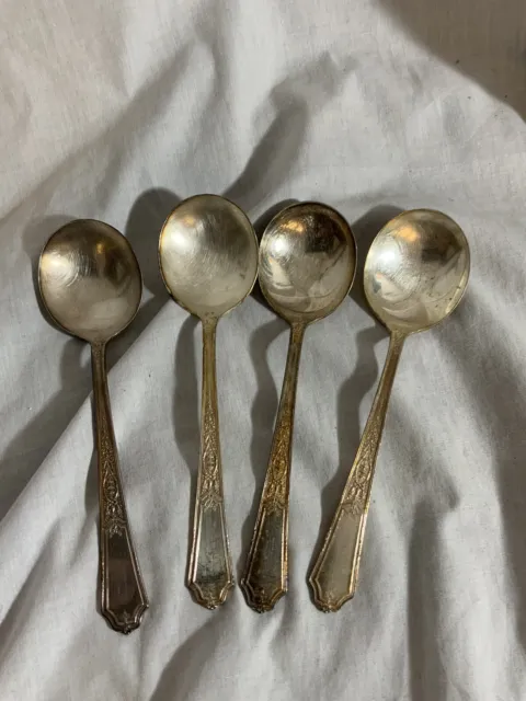 4 1847 Rogers Bros ANCESTRAL Soup SPOONS Silverplate No Monogram