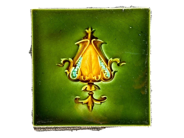 Vintage Antique Art Nouveau Fireplace Tile Green Majolica T & R Boote C1900 1