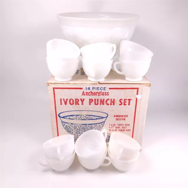 Anchor Hocking Sandwich White Milk Glass Punch Bowl 14 Piece Set Box Anchorglass