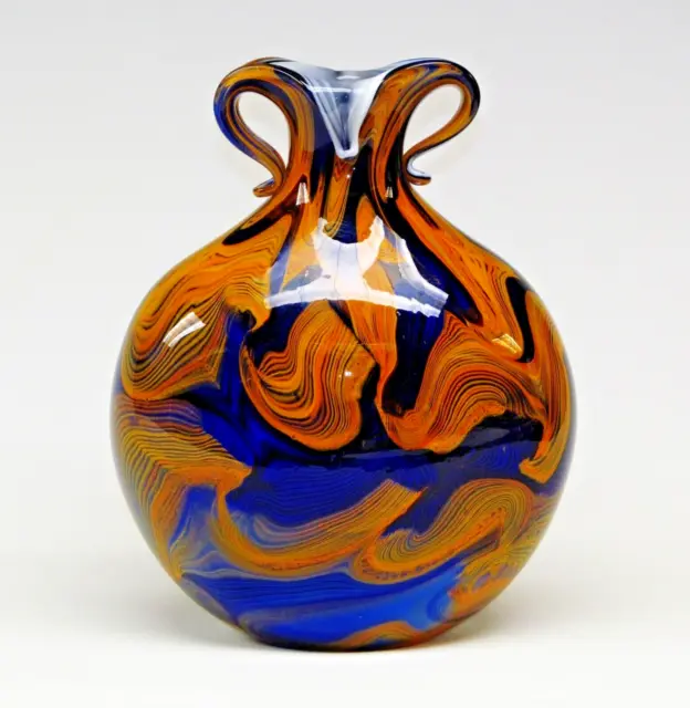 Mid-Century Hand blown Swirl Murano Cased Art Glass Vase Red, White, Gold, blue.