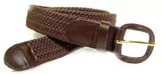 Brown Leather Covered Buckle Woven Elastic Stretch Belt, 1-1/4" Wide Mens Ladies