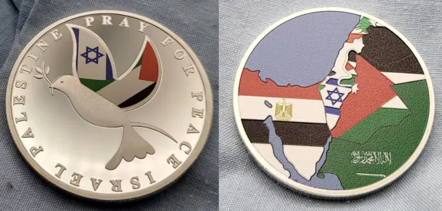 Israel Palestine Silver Coin Dove of Peace Stop the War Map Flag Asia Africa USA