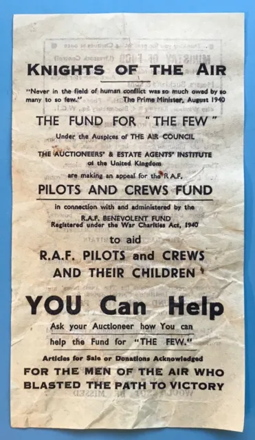 Ww2 Raf Pilots, Crews, Children “For The Few” Appeal Leaflet Auctioneers…Inst.