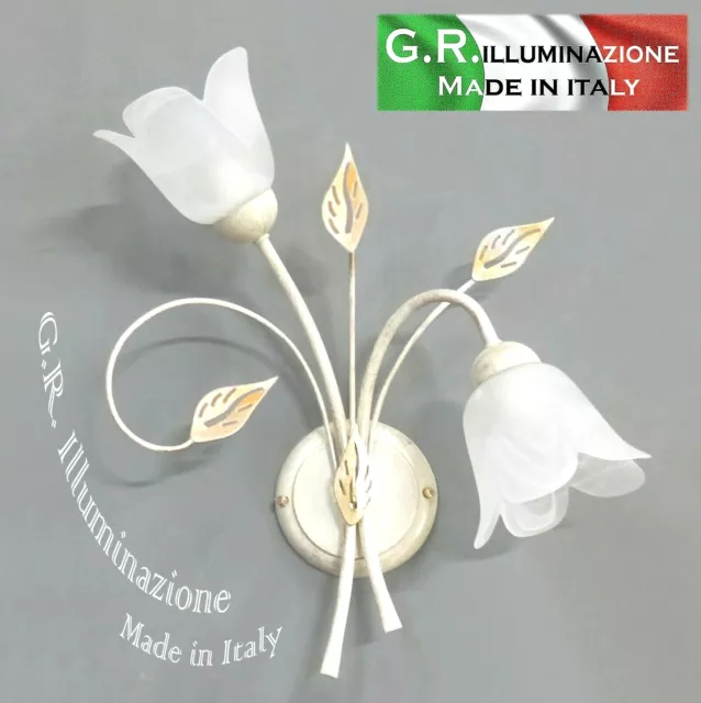 APPLIQUE IN FERRO BATTUTO 2 LUCI AVORIO ARGENTO E ORO LAMPADARIO DA PARETE Zoe