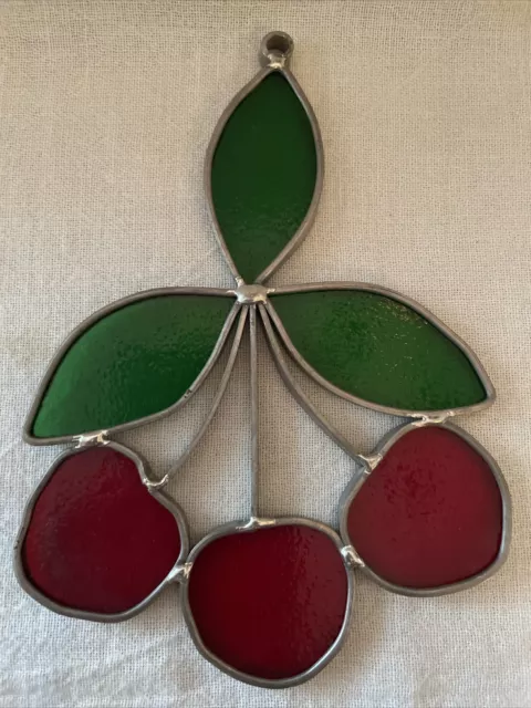 Vintage Stained Glass Window Sun Catcher Three Cherry Bunch Fruit Heavy Metal