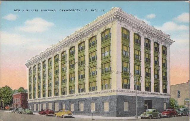 Crawfordsville, IN: Ben Hur Life Building, Vtg Montgomery Co Indiana Postcard