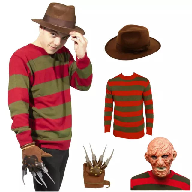 Men's Freddy Horror Halloween Fancy Dress Costume Hat, Jumper & Claw Set S-XXL