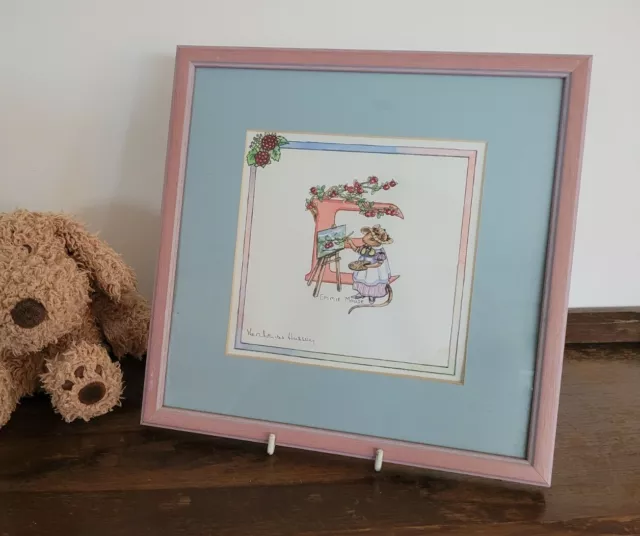 Hand Painted pink letter 'E' christening gift/picture blue/pink frame