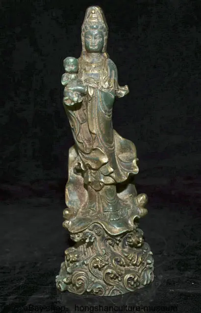 8.6 " China Green Jade Gilt Carved Buddhism Guanyin Goddess Buddha Tongzi Statue