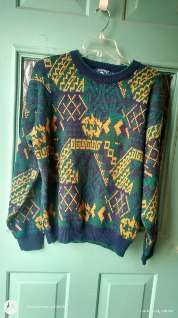 Vintage Atlantic Traders Pullover Sweater Men's Size Large green gold and blue