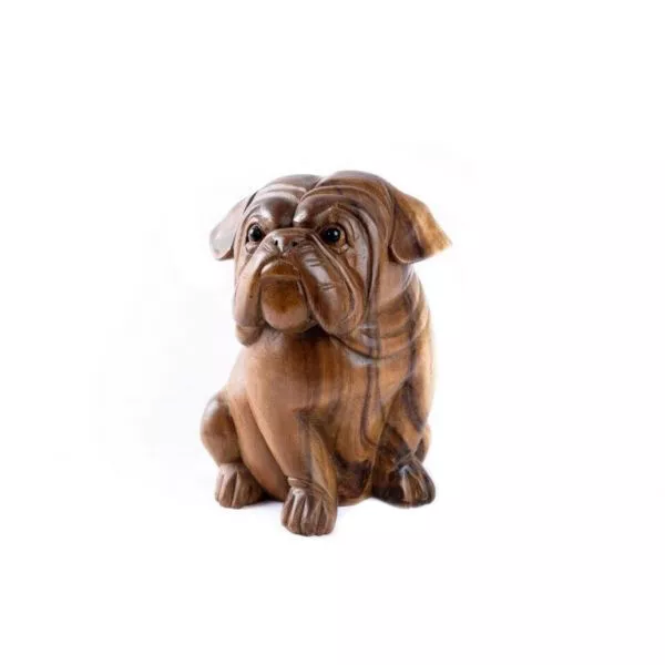 Wooden Bulldog Puppy 8” Sitting Hand Carved Ornament Home Decor.