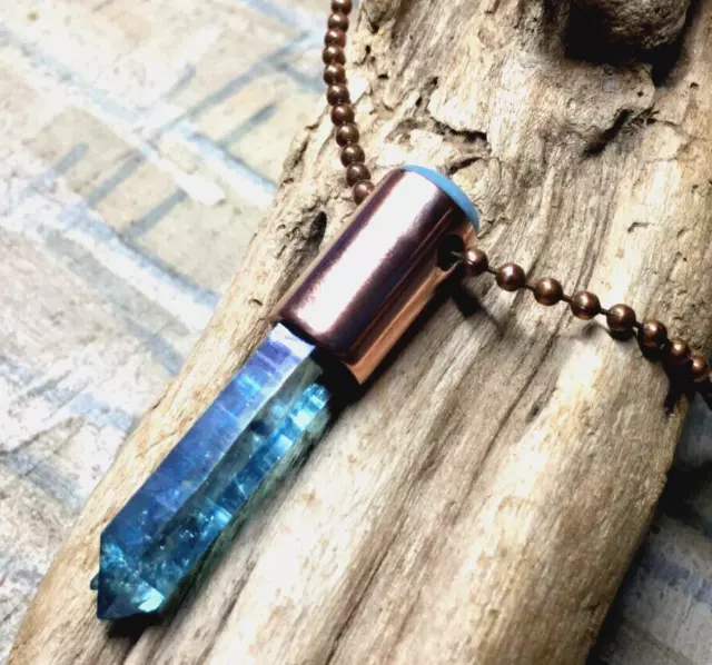 Crystal Necklace Pendant - Aqua Aura Gold Fumed Herkimer Diamond