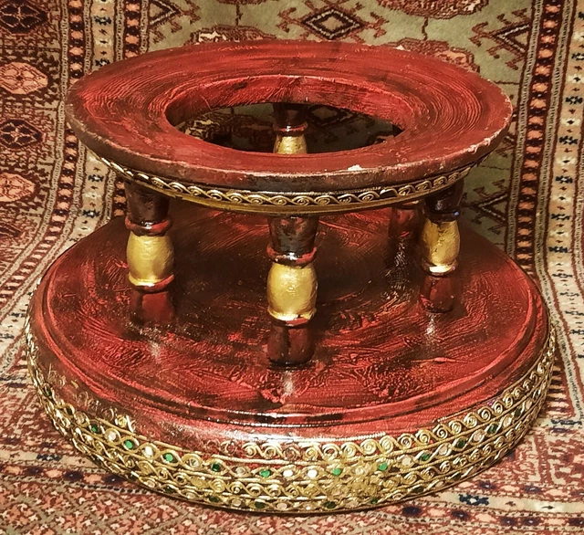BURMESE ALTAR TABLE vtg thai temple buddha bowl sculpture gold gilt wood lacquer 4