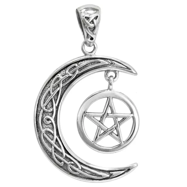 Sterling Silver Celtic Knot Crescent Moon Pentagram Wicca Witch Pentacle Pendant