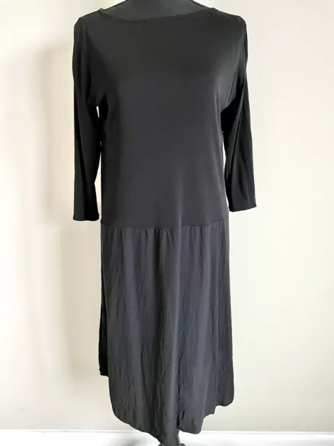 Eileen Fisher Women's Sz S Black Silk Two Tone Dress Drop Waist Long Sleeve