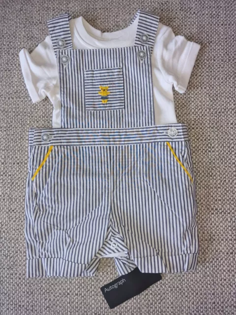 M&S Autograph Baby Boys Striped Teddy Bear Dungarees Summer Outfit 3-6 Months