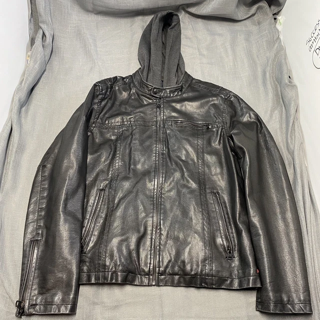 LEVI'S Black Warm FAUX LEATHER JACKET Biker Hoodie Sweatshirt Coat Sz Men's S