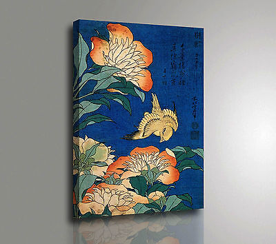Katsushika Hokusai Fiori Peonie Quadro Stampa su Tela Cotone Vernice Pennellate
