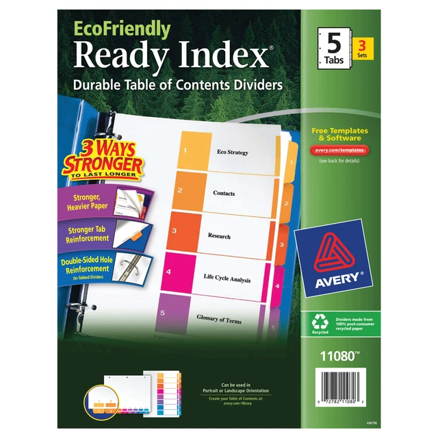 Avery EcoFriendly Ready Index Table Of Contents Dividers, 1-5 Tab, 3 Sets