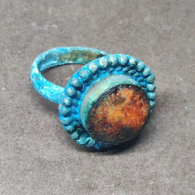 Rare Ancient Medieval Vintage Color Bronze Ring Orange Stone Old Amazing Artifac