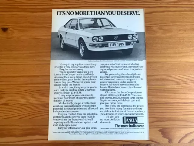 RARE Modern Classic LANCIA BETA COUPE FRAMEABLE CAR ADVERT WALL ART man cave