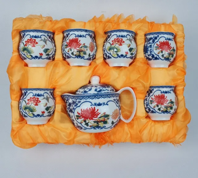 7pcs Chinese Jingdezhen Tea Set Tea Pot and 6 Double Wall Cups Lily Flowers Bird