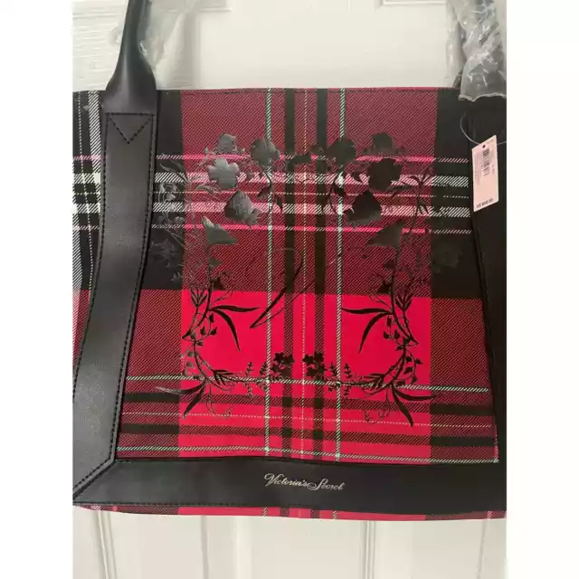 Victorias Secret Womens Tote Bag Red Black Plaid Handles 20" x 11" $58 NWT