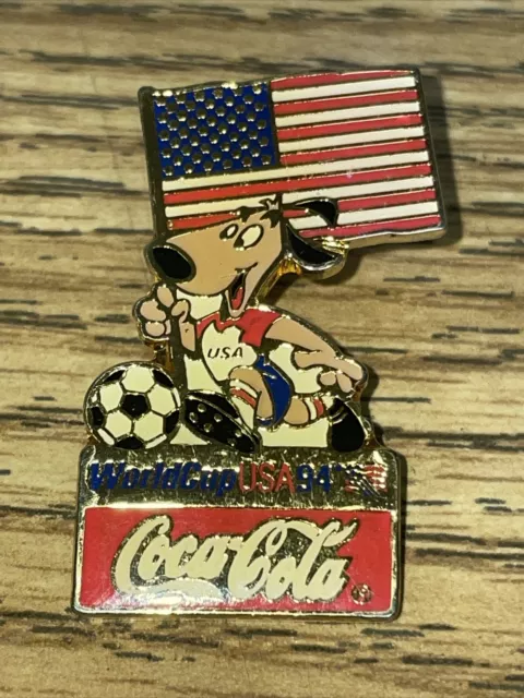 Coca-Cola World Cup USA 1994 VTG Lapel Pin American Flag USA Running Dog Soccer