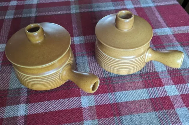 2 x Vintage Denby/Langley Canterbury Lidded Soup Bowls With Handles. Mustard.