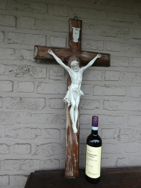 Antique XL French wood bisque porcelain corpus christ crucifix