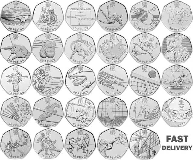 Monedas de 50 peniques raras del Reino Unido de cincuenta peniques monedas olímpicas en circulación de 50 peniques moneda de 50 peniques