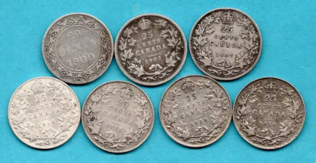 7 X Canada Silver 25 Cent Coins Dated 1900 - 1919. Twenty Five Cents Job Lot.