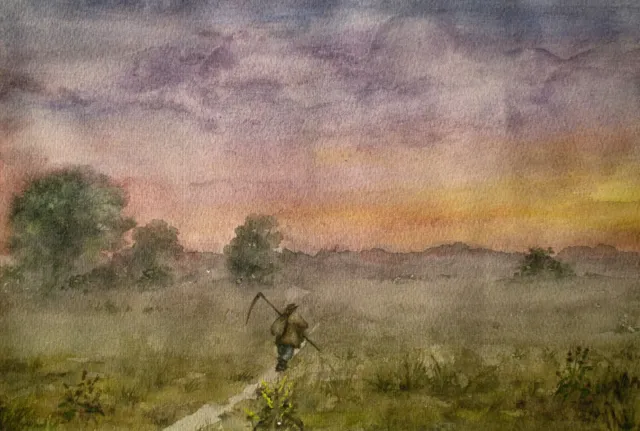 Summer Ukrainian Field Sunrise Landscape Original Watercolor Painting Art
