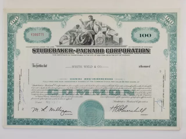 Studebaker-Packard Corporation Common Stock Certificate 100 Shares $1ea Feb 1961