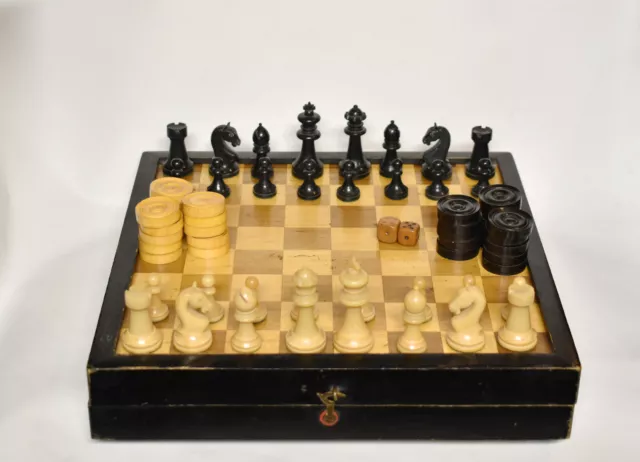 Antique English 3 in 1 Board Game Buffalo Horn Chess, Checkers and Backgammon