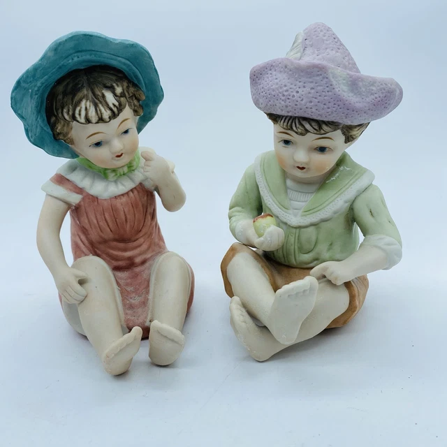 6" Lefton Piano Baby Boy and Girl Pair Bisque Porcelain Pair