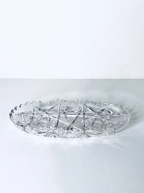 VTG American Brilliant Sawtooth Cut Crystal 10-1/2"L Oblong Crystal Bowl Dish