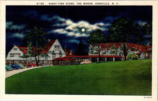 Linen Postcard Night View The Manor Asheville North Carolina NC UNP
