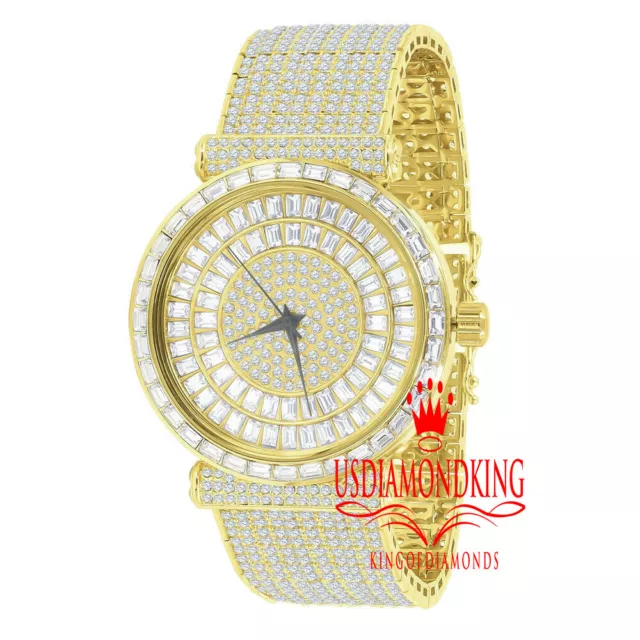 18K Yellow Gold Finish Baguette Simulated Diamond 10 Row Custom Band Mens Watch