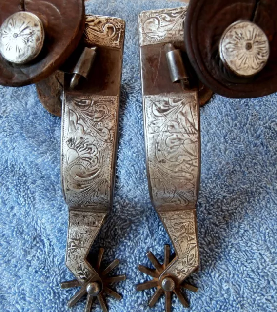 Sterling Silver Old Set of Spurs with nice  Tooled Leather Straps