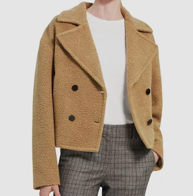 $595 Theory Women's Beige Wool-Blend Faux Fur Teddy Peacoat Jacket Size L