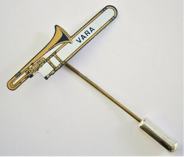W822) Vintage Vara Radio TV Music Trombone advertising lapel tie pin badge W822) Vintage Vara Radio TV Music Trombone advertising lapel tie pin badge