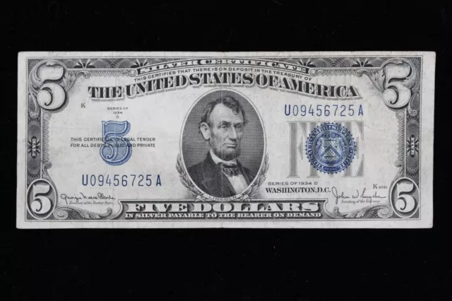 $5 1934D blue seal Silver Certificate Circulated U09456725A Exact Note Shown